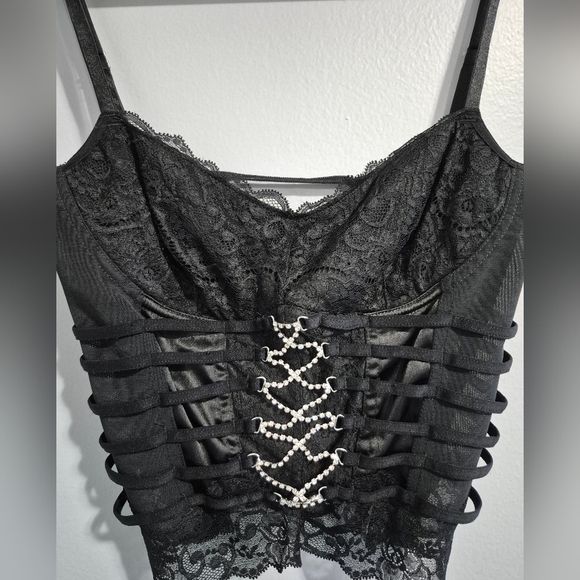 Y2K retro 2000s 2010s coquette college Black Lace Corset Top with Strappy Back - Picture 2 of 10